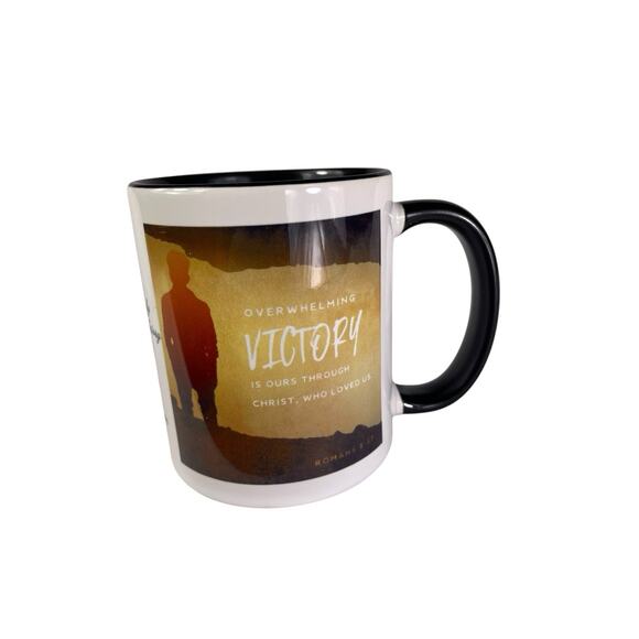 Christian Inspirational Coffee Mug – Romans 8:37Bold black and white ceramic - Picture 2 of 5